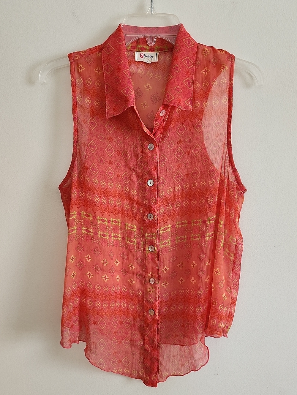 Olsenboye Sheer Coral Sleeveless Button-Up Flowy Blouse